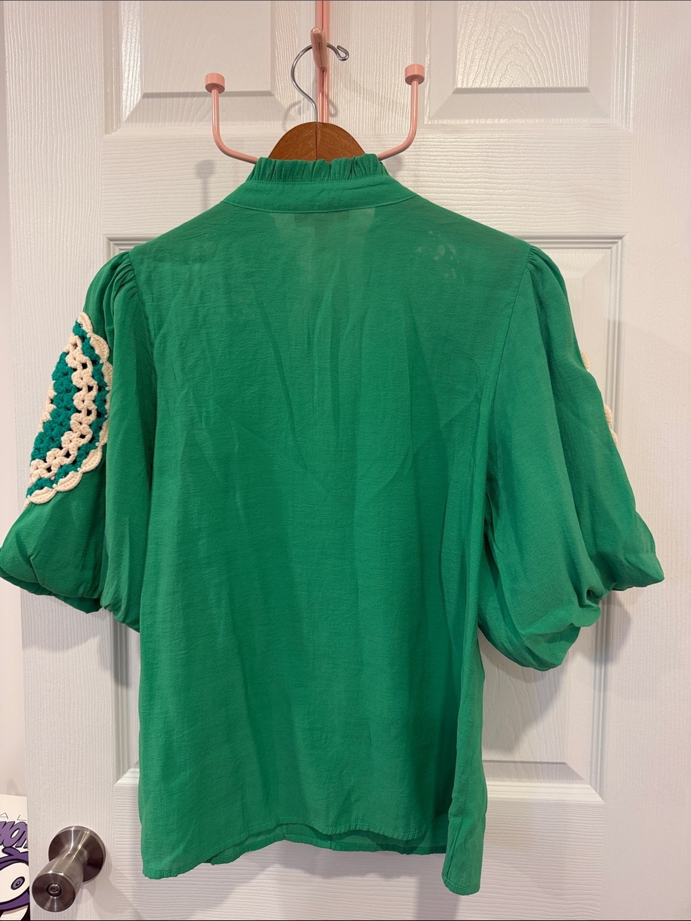 THML Emerald Green Puff Sleeve Blouse with Cream Crochet Medallions - Picture 2 of 6